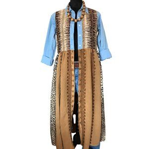 Patchwork Duster Jacket Dress, M: Upcycled Animal Print Button-Down Boho Kaftan